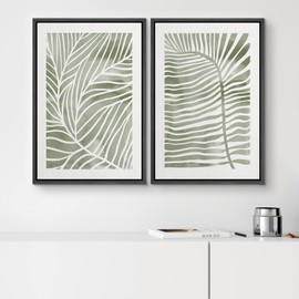 SIGNWIN Canvas Print Wall Art Set Green White Tropical Island Palm Leaves Nature Wilderness Illustrations Modern Art Rustic Multicolor for Living Room, Bedroom, Office - 16"x24"x2 Black
