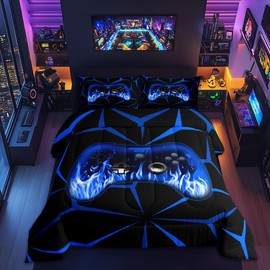 Feelyou Kids Gamer Comforter Set,Gaming Bedding Set Queen Size for Boys Girls,3D Geometric Video Game Console Comforter,Blue and Black Game Contoller Bed Set for All Season