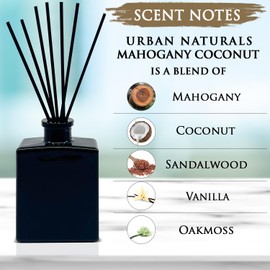 Urban Naturals Mahogany Coconut Reed Diffuser Oil Set – Mahogany, Coconut, Sandalwood, Vanilla & Oakmoss – 5 ounce Sleek Black Rectangular Refillable Glass Bottle – Made in The USA