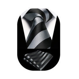 HISDERN Grey Stripe Tie Handkerchief Woven Classic Men's Necktie & Pocket Square Set Striped Ties for Men Grey Black Formal Tie Set Tuxedo Business