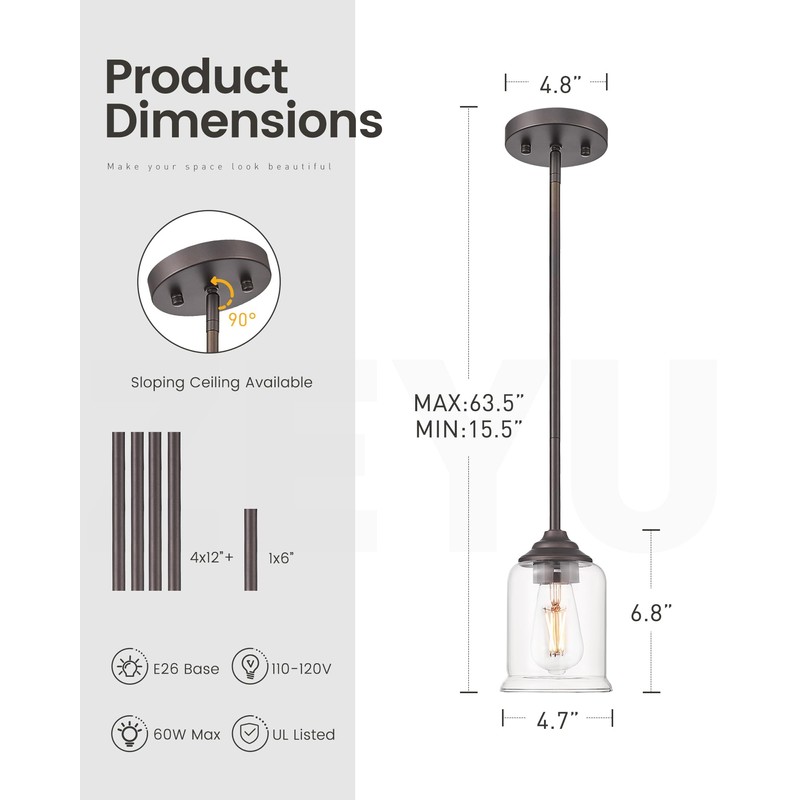 zeyu Farmhouse Pendant Light, 1-Light Pendant Light Fixtures for Kitchen