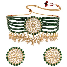 Aheli Choker Set Glided With Kundan & Pearls Gift for Women Indian Traditional Bollywood Jewelry Green