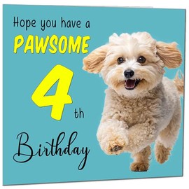 4th Birthday Card for Men Women Dog Pawsome Birthday Card for 4 Year old Girl Kids Daughter four, fourth Granddaughter Niece cousin Sister