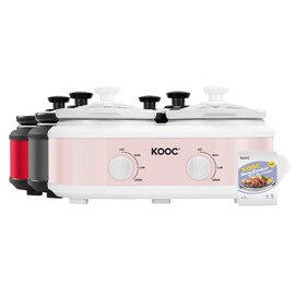 KOOC Double Small Slow Cooker, Buffet Server and Warmer, 2 Mini Pots with 3 Individual Adjustable Temp, Dual Ceramic Pots, Free Liners for Easy Clean-up, Stainless Steel, Total 2.5 Quart, Grey, Round