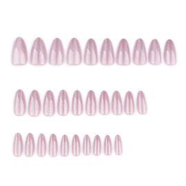 Pink Cat Eye Press on Nails Short Almond QUNQINLI False Nails Spring Cute Acrylic Fake Nails Press Ons with Silver Glitter Gel Glue on Nails Glossy Stick on Nails for Women Girls 24 Pcs