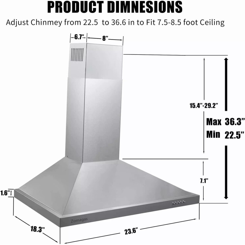 Zomagas 450CFM Wall Mount Range Hood 24 in Kitchen Vent