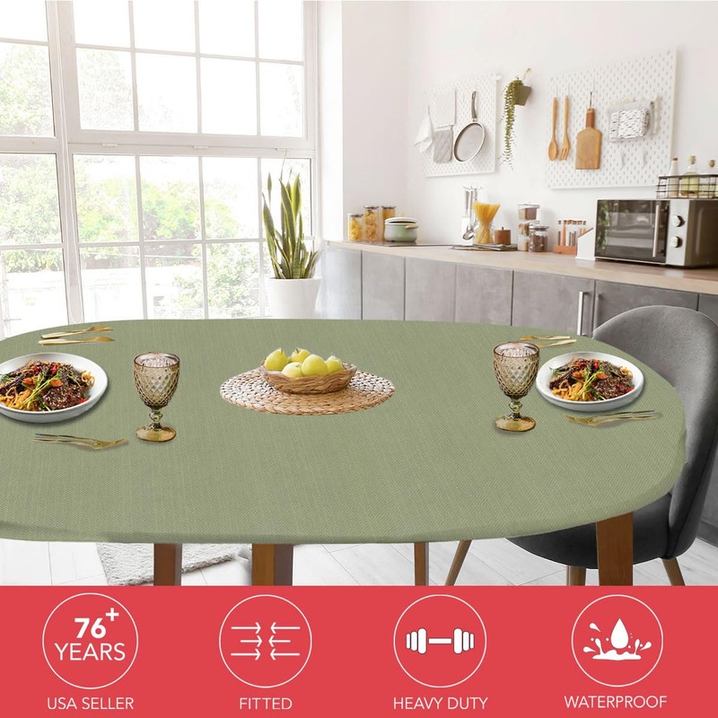 LAMINET Elastic Fitted Table Cover - Basketweave (Green) - Oblong/Oval