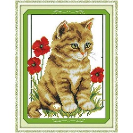 Happy Forever Cross Stitch Kits 11CT Stamped Patterns for Kids and Adults, Preprinted Embroidery kit for Beginner, Animals Cat 3 (D304 Kitten with Poppies, Size 10''x13'')
