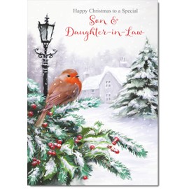 doodlecards Son and Daughter in Law Christmas Card Robin by Lamp Medium Size Christmas Card for Son & Daughter-in-Law with Plain Envelope