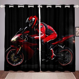 Motorcycle Curtains Extreme Sports Theme Window Drapes for Kids Boys Teens Cool Motor Bike Rider Window Treatments Red Black Modern Motorcycle Window Curtain Room Decor W46*L54