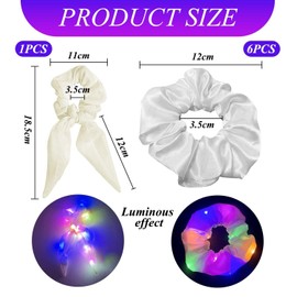 6 Pieces Of Glowing Hair Ties And 1 Piece Of Bow Hair Ties, Creative Hair Ties, Glitter Hair Ties, Satin Hair Ties, Party Hair Ties, Glow-In-The-Dark Party Supplies