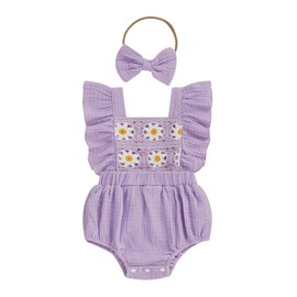 Newborn 3 6 9 12 18 Months Baby Girl Romper Boho Summer Clothes Crochet Flower Onesie Fly Sleeve Bodysuit Infant Outfit (Purple, 12-18 Months)