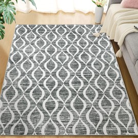 WITSHOCK 6x9 Dark Grey Living Room Rug - Washable Boho Soft Modern Geometric Low Pile Print Pattern Large Thin Indoor Rug for Bedroom Dining Room, Carpet for Nursery Playroom Decor, Eco-Friendly