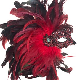 MasqStudio Couples Red Lace Masquerade Ball Mask Pair Feather Birthday Party Valentines Gift for Her (Pair for 2 Masks)