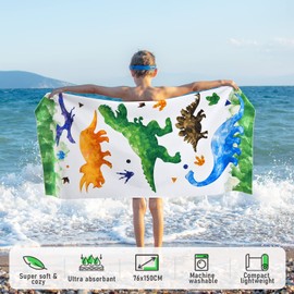Dinosaur Beach Towel - Watercolor Dino 76 x 150cm Polyester Camping Towels for Boys Kids Quick Dry Ultra Absorbent Super Soft Beach Blanket Pool Travel Swimming Bath Shower Towel