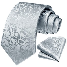 HISDERN Silver Tie for Men Solid Paisley Floral Grey Mens Ties Handkerchief Set Classic Business Flower Tuxedo Neckties for Wedding Party Tie