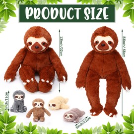 Kasyat 5 Pcs Sloth Plush Toy Set 13 Inch Mommy Sloth Stuffed Animal with 4 Cute Baby Plushies in Zippered Belly for Kids Birthday Gifts Home Decors Baby Shower Party Favors(Brown)