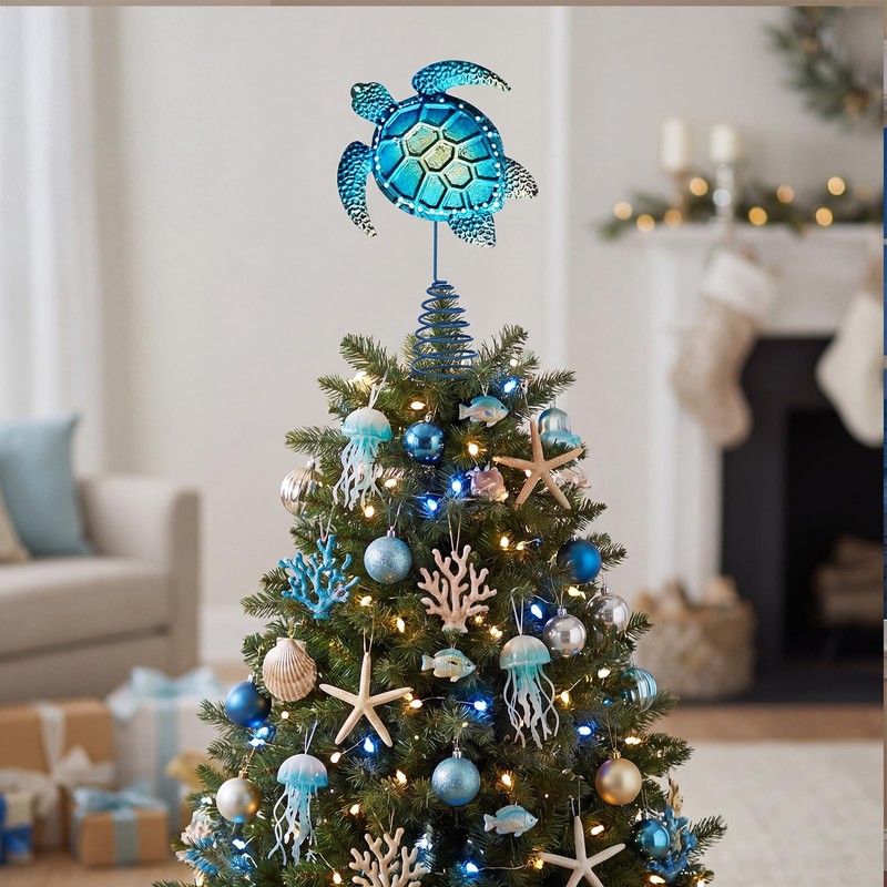 Soulchen Christmas Beach Tree Topper Metal Blue Sea Turtle Treetop