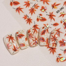2Pcs Fall Nail Art Stickers Orange Maple Leaf Design Nail Decals 3D Self-Adhesive Autumn Leaf Manicure Slider Laser Acrylic Nail Stickers Supplies for Women Girls Fall Thanksgiving Nail Art Decoration