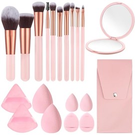 Juego de 20 brochas de maquillaje de viaje, 10 brochas de maquillaje pequeñas con espejo, bolsa de almacenamiento y 8 esponjas de maquillaje para el h