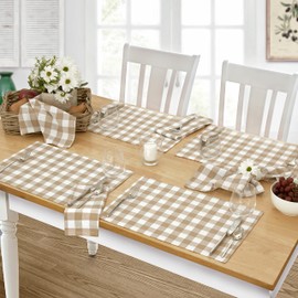 Home Bargains Plus Country Rustic Buffalo Plaid Cotton Fabric Placemats, Checkered Cottage Gingham Easy Care Placemats, Set of 4 Placemats, Sand