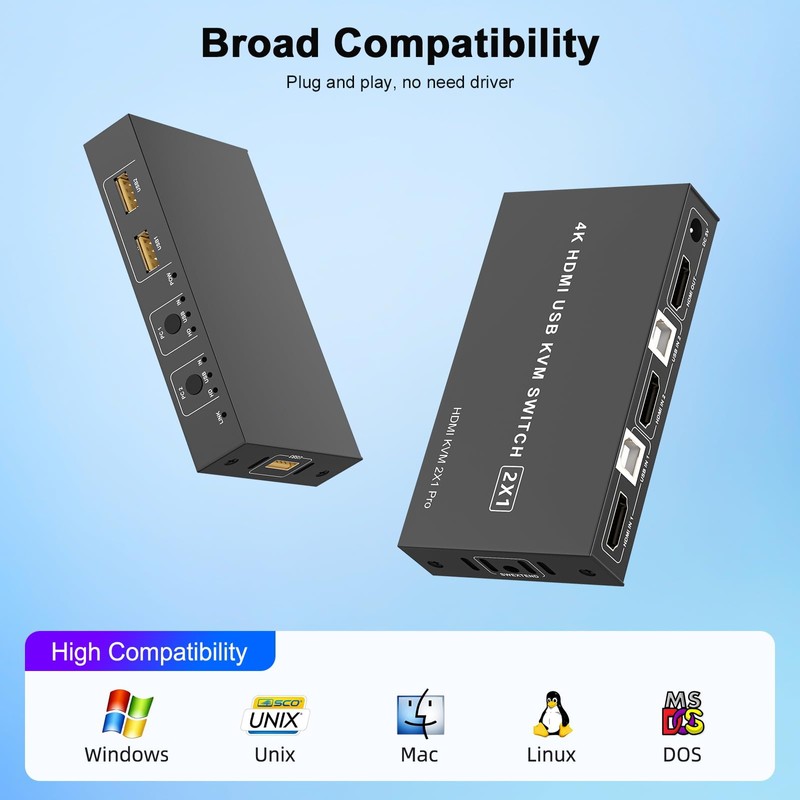 4K HDMI KVM Switch 1 Monitor 2 Computers 4K@60Hz, USB