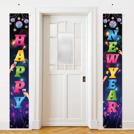 HOWAF Neon Happy New Year Porch Sign, Colorful Firework Happy New Year Door Porch Banner, Happy New Years Welcome Sign for 2025 New Year's Eve Party Supplies Door Decor, New Year Door Hanging