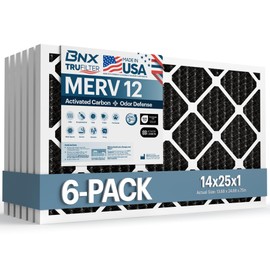 BNX TruFilter 14x25x1 MERV 12 Odor Defense (6-Pack) AC Furnace Air Filter with Activated Carbon - MADE IN USA - Pleated Air Conditioner HVAC AC Furnace Filters - Removes Odor, Mold, Bacteria, Smoke