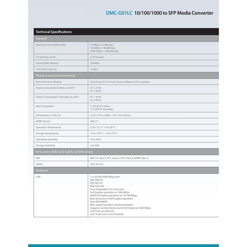 D-Link DMC-G01LC 10/100/1000 to SFP Media Converter