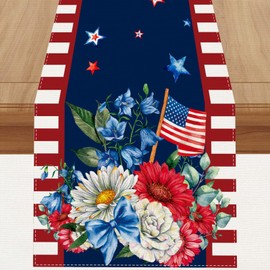 Watercolor Red White and Blue American Flag Stars Table Runner 4th of July Memorial Day Veterans Day Patriotic Decoration and Supplies for Home 13x72 Inch