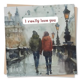 Cute Couple Painting Birthday or Anniversary Card for Partner - I Really Love You - For Husband, Wife, Boyfriend, Girlfriend