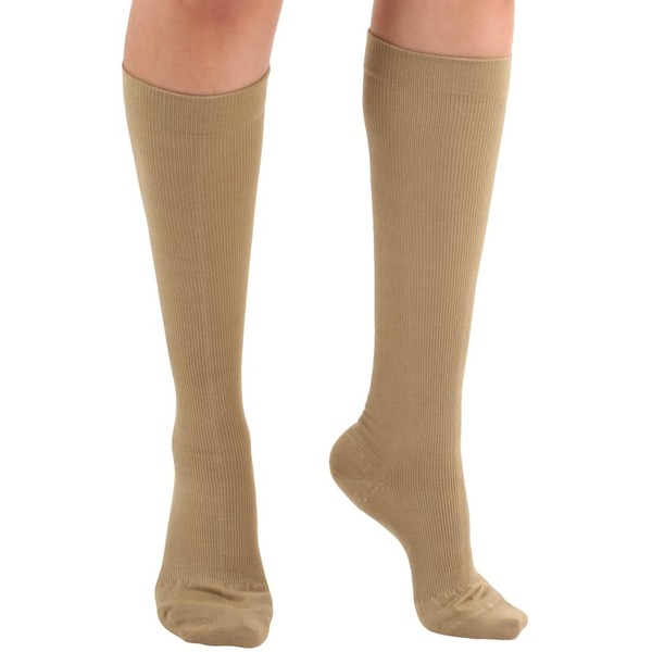 Graduated Cotton Compression Socks - Unisex Firm Support 20-30mmHg, Support Knee High’s - Closed Toe, Color Khaki, Size Medium - Absolute Support, SKU: A105