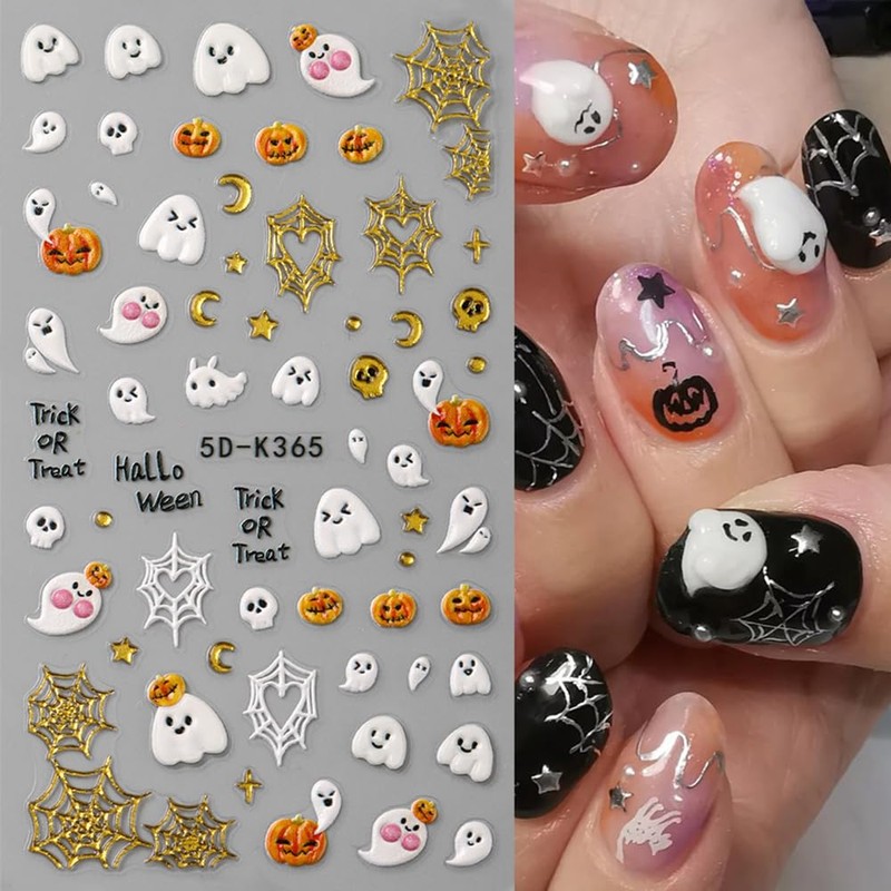 Halloween 5D Embossed Nail Stickers for Nail Art, Ghost Pumpkin