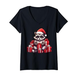 Raccoon Wearing Santa Hat Christmas Stuffed Animal V-Neck T-Shirt