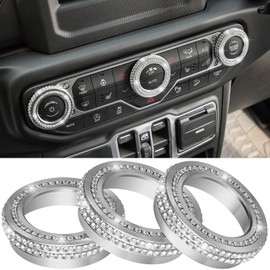 CTcar Air Conditioning Switch Knob Cover for Jeep Wrangler JL JLU Gladiator JT (2018-2025) with Sparkly Crystal Rhinestones Trim Ring Aluminum Alloy Interior (Silver, 3pcs)