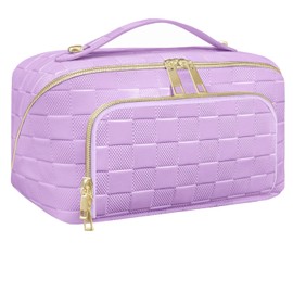 Travel Makeup Bag for Women, Large Capacity PU Leather Waterproof Checkered Cosmetic Bags, Portable Pouch Open Flat Toiletry Bag, Make up Organizer with Divider and Handle, Purple