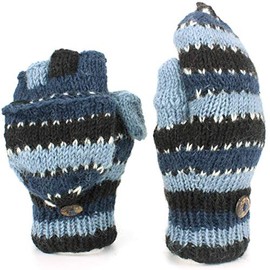 LOUDelephant Chunky Wool Knit Fingerless Shooter Gloves - Stripe - Blue & Black