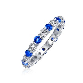 Cubic Zirconia Blue White Alternating Stackable CZ Eternity Ring Simulated Sapphire Sterling Silver February Month