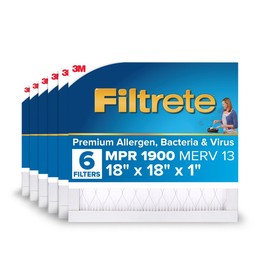 Filtrete 18x18x1 AC Furnace Air Filter, MERV 13, MPR 1900, Premium Allergen, Bacteria & Virus Filter, 3-Month Pleated 1-Inch Electrostatic Air Cleaning Filter, 6-Pack (Actual Size 17.81x17.81x0.78 in)