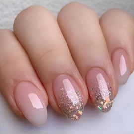 Pink Press on Nails Short Almond Fake Nails Ombre Pink False Nails with Designs Sequins Acrylic Glossy Full Cover Glue on Nails Glitter Cute Artificial Stick on Nails for Women Manicure 24 Pcs