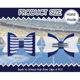 Whaline 6Pcs Back to School Uniform Hair Bow Clips Navy Blue and White Stripe Dot Plaid PU Leather Hairgrips Alligator Clips for Women School Hair Accessories