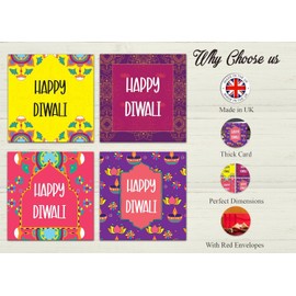 Giftinghouse Premium Diwali Cards Multipack with Envelopes - 8/16 of Happy Diwali Cards – Eco-friendly, Luxury Greeting Cards with Red Envelopes for decorations, family, friends (8 Diya design)