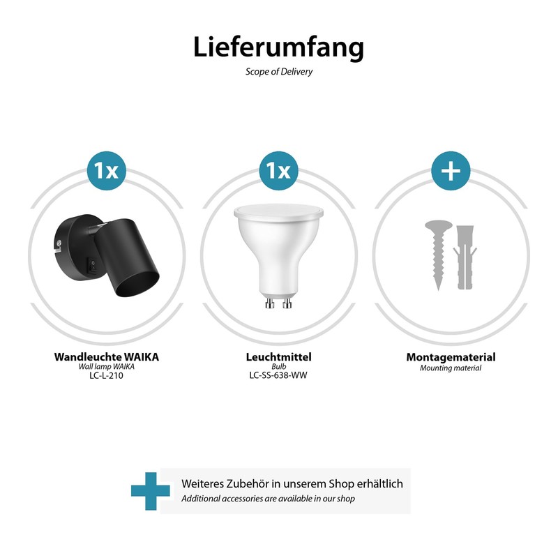 ledscom.de Wall spot WAIKA with Switch Black matt + GU10