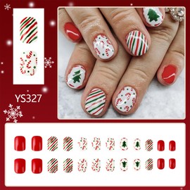 Vopintpy Christmas Tree Stripe Fake Nails Short Square Xmas Press on Nails with Glue on Nails Glossy Winter Christmas Stick on Nails for Women DIY Holiday Manicure