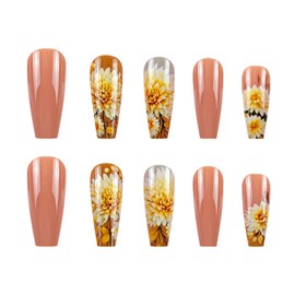 Sunflower Press on Nails Medium Square Fake Nails with Daisy Floral Designs Yellow Flowers False Nails Press ons Glossy Orange Summer Acrylic Nails for Women Decoration for Women 24Pcs