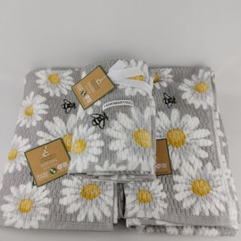 Deborah Connolly Designs 4pc 2 Bath & 2 Hand Towels Deborah Connolly Flowers Daisy Bee Gray White