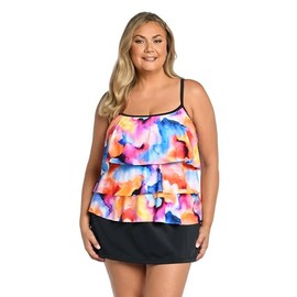 Maxine Of Hollywood Women's Standard 3-Tiered Ruffle Tankini Swimsuit Top, Multi//Watercolor Bliss, 14