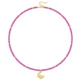 KissYan Beaded Initial Necklace for Women, 14K Gold Plated Bubble Letter Pendant Rainbow Gemstone Choker Colorful Summer Beach Jewelry(Red W)