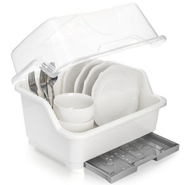 Acshio Dish Drying Rack, Plastic Plate Cup Dryer Holder with Lid Removable Drainboard, Cutlery Utensil Dish Nursing Bottle Organizer for Tableware, Kitchen Cabinet