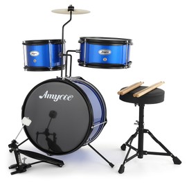 3 Piece Kids Drum Set with Cymbal, 2 Drumsticks, Pedal, 2 Tom,Beginner Junior Drum Kit with Throne Stool, Musical Instruments for Boys and Girls, Blue